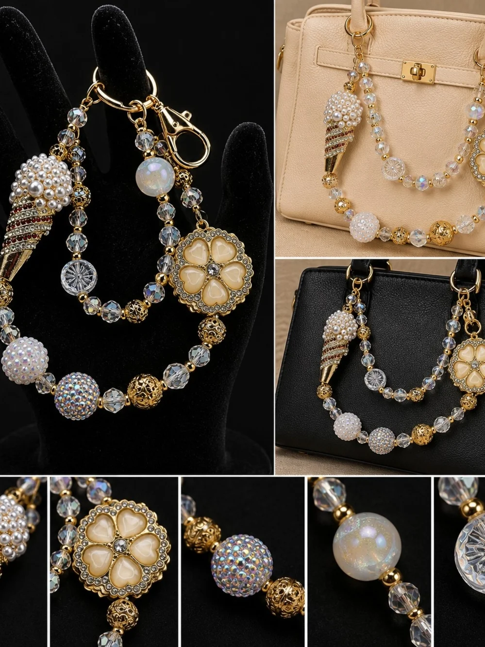 Gold & Cream Beaded Bag Charm and Pendant Chain by